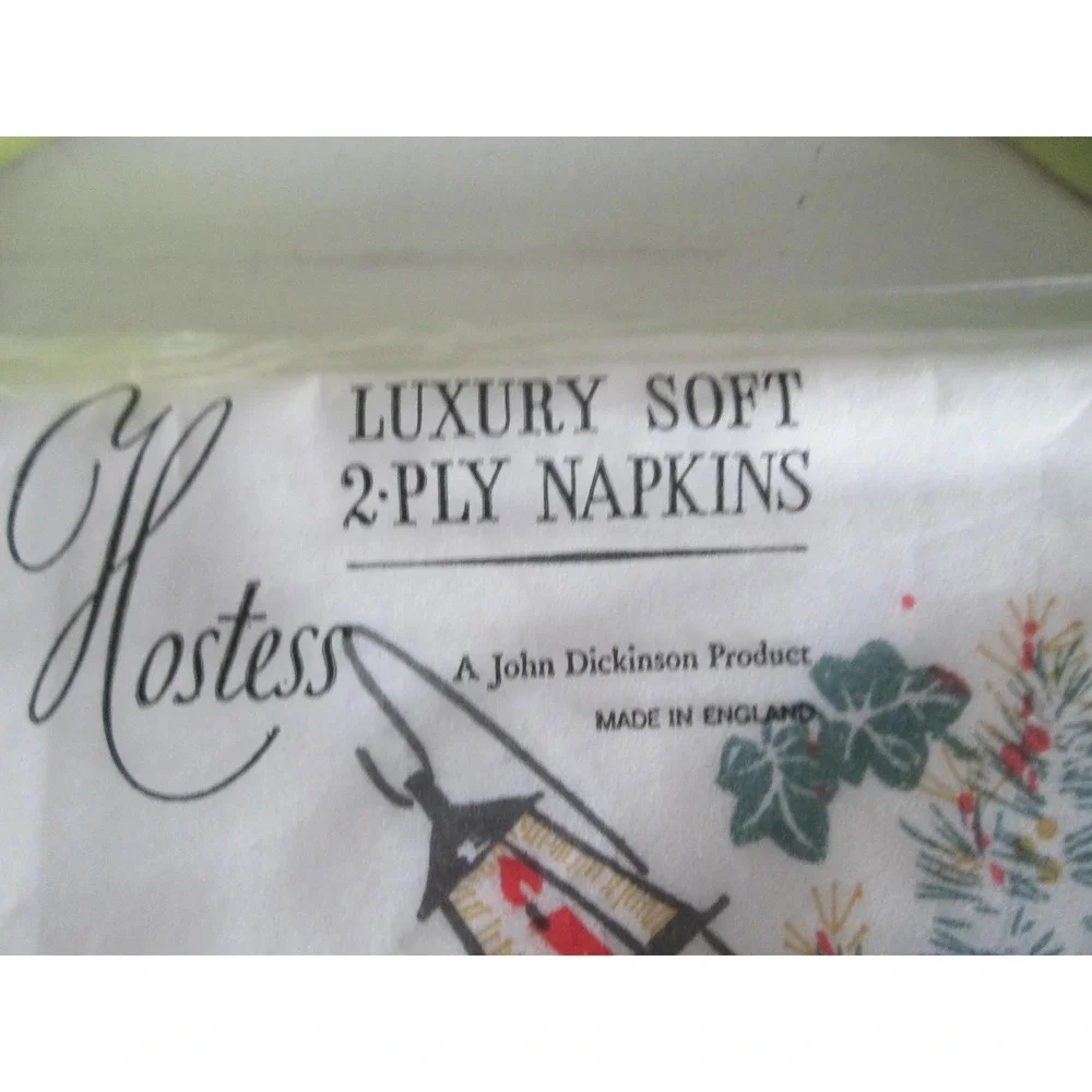 VTG Christmas Lantern Holly Cart 2-ply Luncheon‎ Napkins NIPHostess J. Dickinson